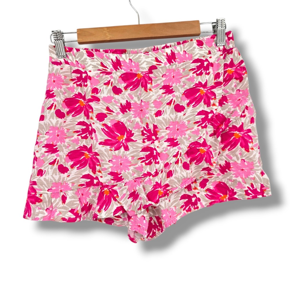 A. Byer Womens Pink Floral Ruffle Wrap Front Skort Size Medium Elastic‎ Back